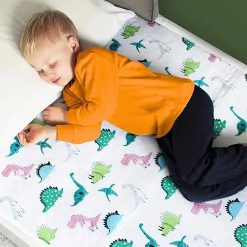 Produktbild: Bettunterlage wasserdicht für Kinder | passend für Einzel-, Kinder- und Babybett I Atmungsaktive, waschbare Matratzenauflage zum seitlichen Einstecken bei Inkontinenz I Matratzenschoner I Dinosaurier