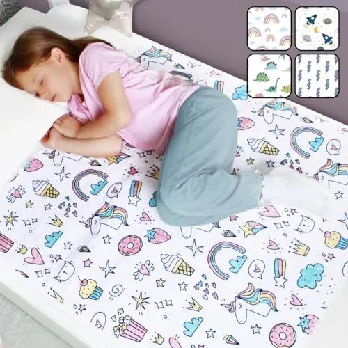 Produktbild: Bettunterlage wasserdicht für Kinder | passend für Einzel-, Kinder- und Babybett I Atmungsaktive, waschbare Matratzenauflage zum seitlichen Einstecken bei Inkontinenz I Matratzenschoner I Einhorn