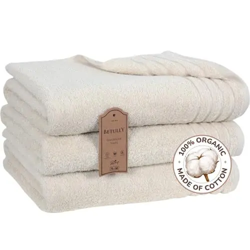 Produktbild: Betully 70x140 cm Badetücher Set 3 Stück aus 100% Baumwolle Schnelltrocknendes 500 gr/m² Türkisches Baumwolle Gästehandtücher Set (Creme)