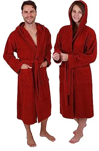 Produktbild: Betz Baumwolle Bademantel mit Kapuze für Herren und Damen - Saunabademantel - langer Bademantel - Saunamantel - Farbe dunkelrot - Größe L/XL - FULDA
