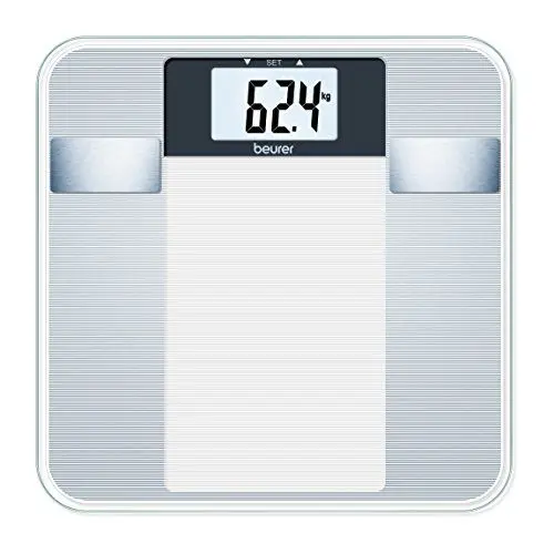 Produktbild: Beurer BG 13 Glas-Diagnosewaage mit großer LCD-Anzeige, misst Gewicht, Körperfett, Körperwasser, Muskelanteil und BMI