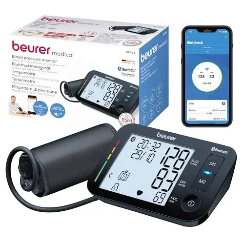 Produktbild: Beurer BM 54 Oberarm-Blutdruckmessgerät, klinisch validiert, XL-Display, App-Anbindung mit zertifiziertem Datenschutz, Arrhythmie-Erkennung, Manschette für Oberarme von 22-44 cm