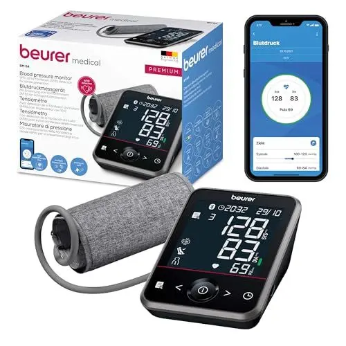 Produktbild: Beurer BM 64 Oberarm-Blutdruckmessgerät, Erkennung von Vorhofflimmern (AFib) zur Schlaganfallprävention, App-Anbindung, patentierter Ruheindikator, Manschette für Oberarme von 22-42 cm, Medizinprodukt