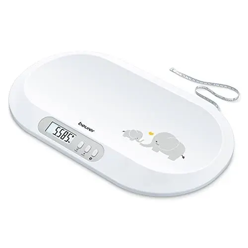 Produktbild: Beurer BY 90 Babywaage mit kostenloser App (iOS + Android) integriertes Maßband, 20 kg Tragkraft und Hold-Funktion für stramplende Babys