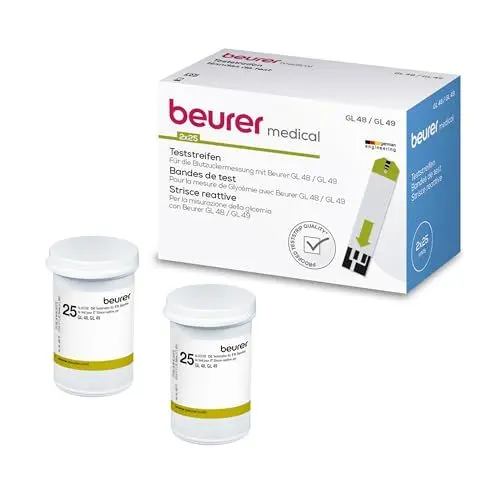 Produktbild: Beurer Blutzucker-Teststreifen zur Verwendung mit GL 48 und GL 49, 50 Stück (2 x 25er Dose), zur Eigenanwendung geeignet, geprüfte Teststreifen-Qualität