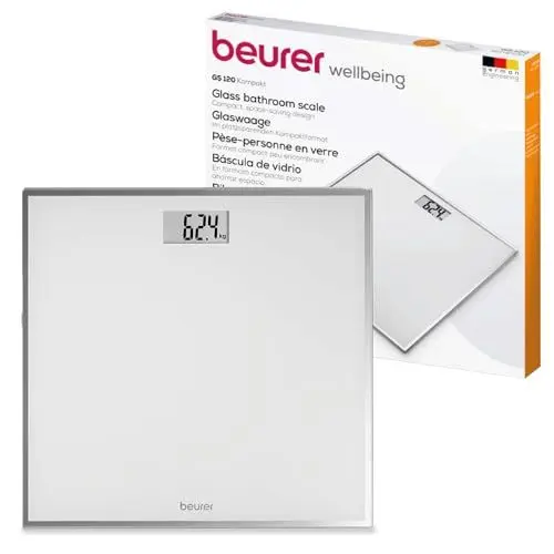 Produktbild: Beurer GS 120 Kompakt Glaswaage mit elegantem Spiegeleffekt in platzsparendem Kompaktformat, 27 x 26 cm, gut lesbare LCD-Anzeige, Ziffernhöhe 22 mm, flache Digitalwaage, Tragkraft bis 150 kg