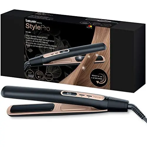 Produktbild: Beurer HS 100 Haarglätter mit Schnellaufheizung in 12 Sekunden, Glätteisen mit Keramik-Beschichtung, Ionenfunktion für glänzendes Haar, abgerundete Kanten für Locken Styles