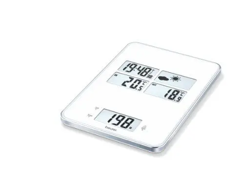 Produktbild: Beurer KS 80 Küchenwaage (5 in 1 Waage mit integrierter Wetterstation, Uhrzeit, Weckfunktion und Timer)