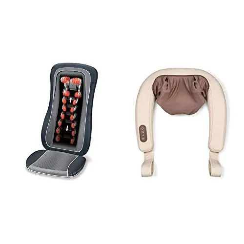Produktbild: Beurer MG 315 Shiatsu Massage-Sitzauflage, Massagegerät zur Nacken- und Rückenmassage, mit Licht- und Wärmefunktion, automatische Körperscan-Funktion, in schwarz-grau & MG 153 Nacken-Massagegerät