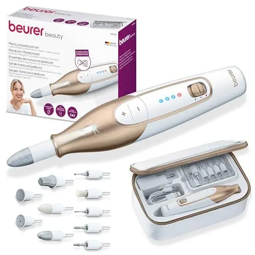 Produktbild: Beurer MP 64 Maniküre/Pediküreset, elektrisches Nagelpflegeset mit Akku, 10 Aufsätze zur Nagelpflege für schöne Hände und Füße, mit LED Licht, Einheitsgröße, White and gold