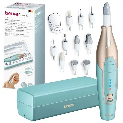Produktbild: Beurer MP 84 Maniküre-/Pediküreset, elektrische Nagelfeile mit Akku, 10 Aufsätze, LED-Licht, inkl. Aufbewahrungsetui, bis zu 4400 U/min, Nagelset zur Hand- und Fußpflege, Türkis