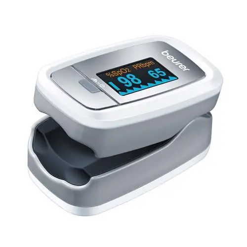 Produktbild: Beurer PO 30 Pulsoximeter, Messung von Sauerstoffsättigung (SpO₂) und Herzfrequenz (Puls), Fingeroximeter mit Farbdisplay, schmerzfreie Anwendung am Finger, 6,1 x 3,6 x 3,2 cm, weiß