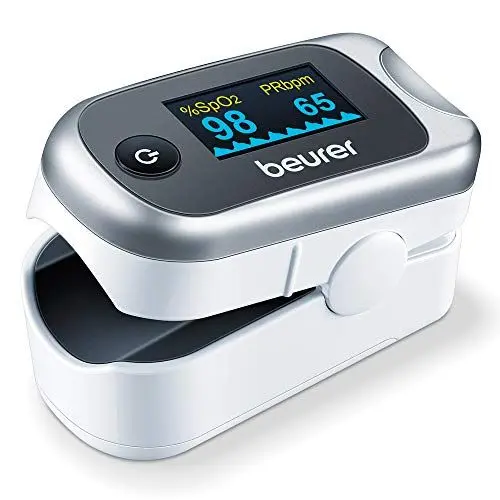 Produktbild: Beurer PO 40 Pulsoximeter, Messung von Sauerstoffsättigung (SpO₂), Herzfrequenz (Puls) und Perfusions Index (PI), schmerzfreie Anwendung, Farbdisplay, Grau