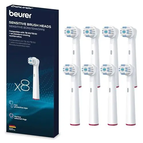 Produktbild: Beurer TB 30/50 Aufsteckbürsten für elektrische Zahnbürste, Oral-B kompatible Bürstenköpfe, Sensitive, 8 Stück, weiße Ersatzbürsten