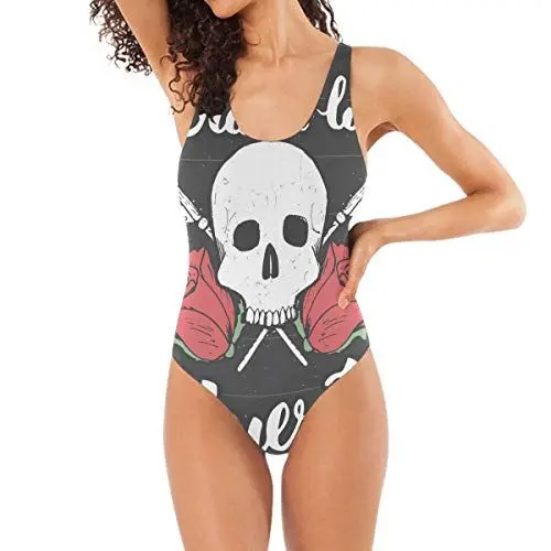 Produktbild: BEUSS Schwarzer Rosenschädel Badeanzug Damen Badeanzüge Einteilier Bademode Sportlich Schwimmanzug Monokini für Mädchen