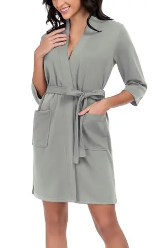 Produktbild: Beuwltpa Bademantel für Damen,Leichter,Kurz Morgenmantel für Frauen,Weich,Kimono Robe im Waffelpique mit Taschen für den Sommer