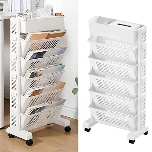 Produktbild: Bewegliches Bücherregal, Großes Fassungsvermögen, Drehbar, Abnehmbar, aus Kunststoff, Praktisches Rollendes Organisationsregal, Mobiles Bücherregal mit Rollen, Rollender Aktenwagen (6 Schichten)