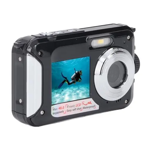 Produktbild: Bewinner 2,7K-Digitalkamera für Fotografie und Video, 48-Megapixel-Vlogging-Kamera mit Zwei Bildschirmen, Wasserfeste 10-Fuß-Unterwasserkamera, Kompakte Digitalkamera mit 16-fachem Zoom
