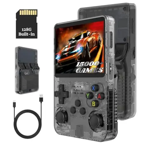 Produktbild: Bewinner 3,5-Zoll Retro Handheld Spielekonsole R36s, Videospielkonsole mit Dual Stylem Linux/Garlic Unterstützung, Retro Konsole mit Dual 3D Joysticks (Transparent Schwarz) (128G)