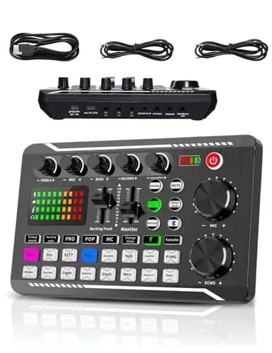 Produktbild: Bewinner F998 Live Soundkarte - Externer Soundmixer mit DJ Mixer Effekten und Sprach Wechsler, 16 Bit 44,1 KHz Zweikanal Audiomixer DJ Mischpult für Youtube Streaming Live