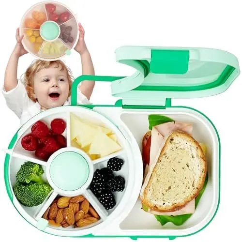 Produktbild: Bewinner Kinder Snackbox mit Fächern und Deckel, Multifunktionale Baby Snack Spinner mit Tragbarem Box Set, Sicher Versiegelter Snackteller für Kleinkinder, Zuhause (Grün)
