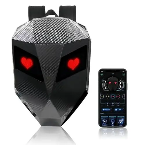 Produktbild: Bewinner LED Motorrad Rucksack aus Kohlefaser – 3D Hartschalen Motorradrucksack mit Programmierbarem Digitalbildschirm, Wasserdichte Reithelmtasche für den Außenbereich