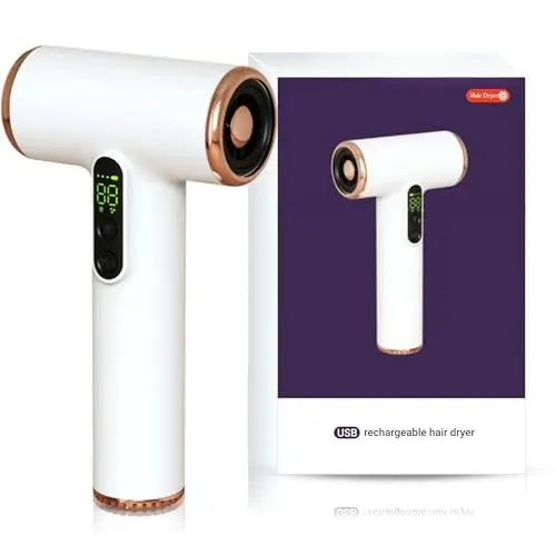Produktbild: Bewinner Pro Akku Reisefön - 3 Geschwindigkeiten & 3 Temperaturen Kabelloser Fön mit Akku, Tragbarer Haartrockner mit Digitalem Bildschirm für Frauen Camping, weiß