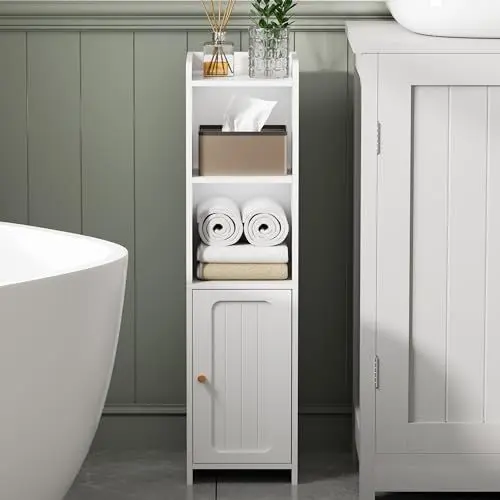 Produktbild: BEWISHOME Badezimmerschrank Klein,Badschrank schmal,Verstellbare Ablagen,mit Kippschutz Badschrank,Kleiner Schrank für Toilettenpapier, Toilettenschrank, 20x20x80cm,weiß YYG06W