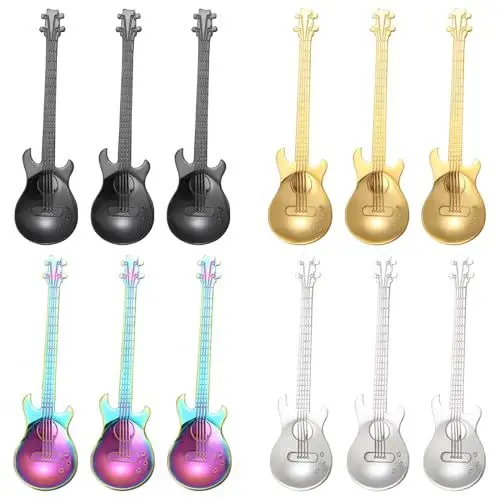 Produktbild: BEWOS 12 Stück mehrfarbige Teelöffel, 12cm Edelstahl hochglanzpoliert Gitarren Löffel, Heavy Metal Geschenk & Gadgets Lustig für Küche, Partys, tolles Geschenke für Gitarristen - Spülmaschinenfest