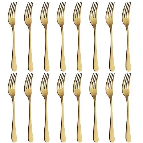 Produktbild: BEWOS 16 Stück Gabel Set (8.07 Zoll), Gold Edelstahl, Spiegel Poliert, Silberwaren Für Jeden Veranstaltungsort, Spülmaschinenfest