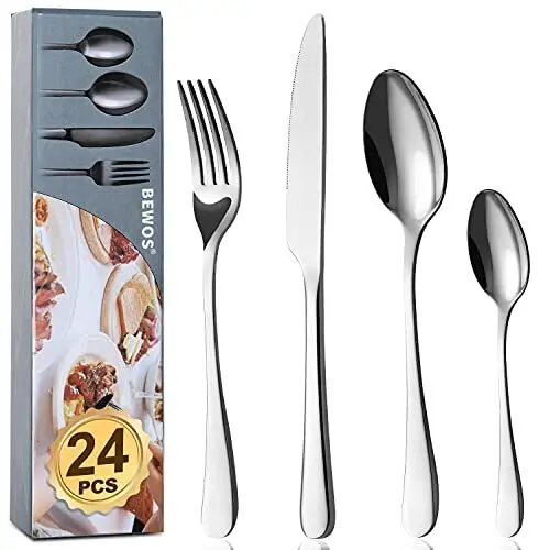 Produktbild: BEWOS 24 Stück Besteck Set, Essbesteck Set für 6 Personen, Besteck Edelstahl Spiegelpoliert, Messer Gabel Löffel Set, spülmaschinenfest