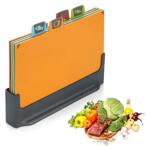 Produktbild: BEWOS 4 Farbcodierte Schneidebrett, Schneidebrett Kunststoff Set, Umkehrbares Schneidbrett Mit Ständer, Schneidebretter für Küchen mit Rutschfesten Füßen, Saftrillen & Spülmaschinenfest Chopping