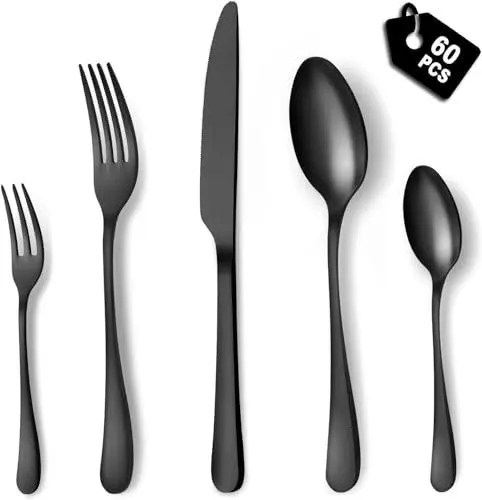 Produktbild: BEWOS Besteck Set für 12 Personen, 60 teilig Schwarz Mattiert Essbesteck Set inkl. Messer, Gabel, Löffel, Besteck Edelstahl, Spülmaschinenfest