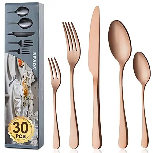 Produktbild: BEWOS Besteck Set für 6 Personen, 30 teilig Roségold Mattiert Essbesteck Set inkl. Messer, Gabel, Löffel, Besteck Edelstahl, Spülmaschinenfest