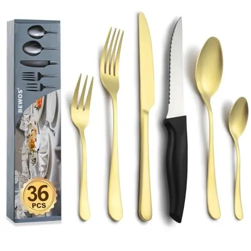 Produktbild: BEWOS Besteck Set für 6 Personen, 36-teiliges Besteck Set mit Steakmessern, Mattes Champagnergold Essbesteck Set inkl. Messer, Gabel, Löffel, Besteck Edelstahl, Spülmaschinenfest
