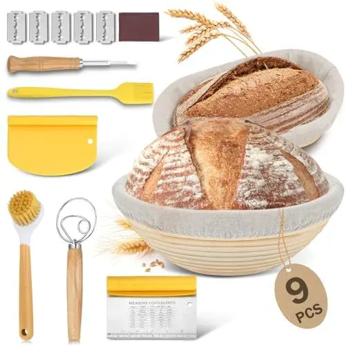 Produktbild: BEWOS 9-teiliges Gärkörbchen für Brot, 25 Cm Gärkorb Oval und 23 Cm Gärkorb Rund, aus Naturrattan, mit Bürste, Der Schaber und Leinenbezug, Für die Gärung von Teig