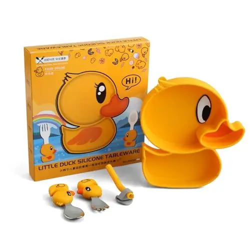 Produktbild: BEWOS Gelbe Ente Stil Kindergeschirr Set 4 PCS, Baby Geschirrset, Geschirrset Enthält kinderteller, 304 hochwertige Edelstahl-Gabel und Baby Löffel, etc, Schönes Geschenk für Babies