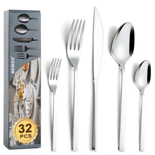 Produktbild: BEWOS Hotelqualität 30-teiliges Besteckset, Glänzend, Hochglanzpoliert, Besteck Set für 6 Personen, Essbesteck inkl. Messer, Gabel und Löffel, spülmaschinenfest, geeignet für Bankette, Hotels etc.