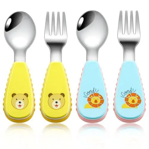 Produktbild: BEWOS Kinderbesteck 4 Stücke, Babybesteck ab 1 jahr, 304 Edelstahl Baby Löffel und Baby Gabel, Geeignet für Baby Selbst Fütterung Baby Besteck, BPA Frei(Gelb & Blau)