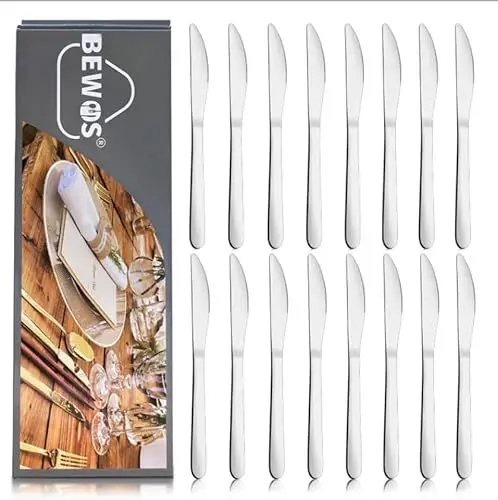 Produktbild: BEWOS Tafelmesser Set 16 Stück, 23,2 cm (9,1 Zoll) Messer Set, Buttermesser, Tafelmesser aus Edelstahl, hochglanzpolierte Besteck Messer, Tafelmesser für die Gastronomie zu Hause, spülmaschinenfest