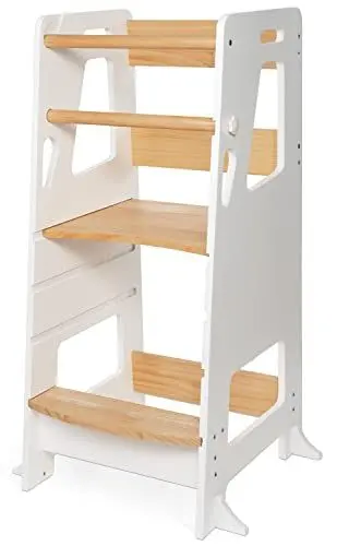 Produktbild: BEY & CO® Lernturm/Entdeckerturm aus Holz – Küchenhelfer für Kinder – 3-Fach höhenverstellbar, mit Rutschfester Oberfläche und kippsicheren Füßen - Montessori-Methode - Ab 12 Monaten (Weiß)