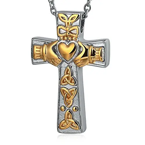 Produktbild: Beydodo Memorial Anhänger Halskette Edelstahl Kreuz mit Claddagh Urne Kette Gold Freundschaftskette für Asche Andenken-Personalized Gravur