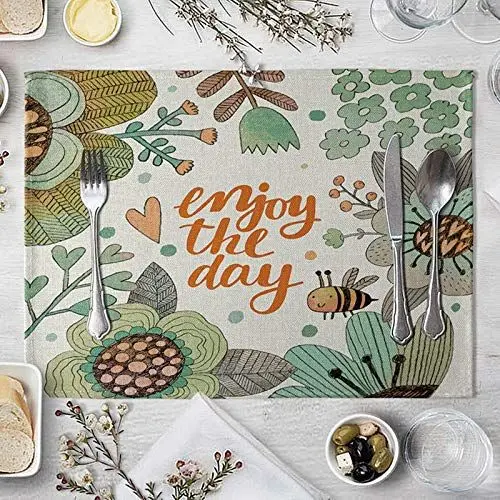 Produktbild: Beydodo Tischsets Abwaschbar und rutschfest Karikatur Blumen und Biene, Platzdeckchen 2er Set Stoff 40x30CM