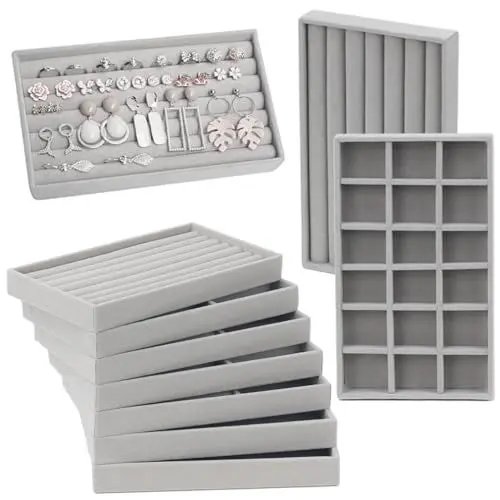 Produktbild: BEYGIH 10 Stück Schmucktablett Stapelbar,Schmuck Organizer Schublade,Grey Schmucktablett Samt,Präsentieren Schmuckeinsatz für Schubladen groß,Organizer Schmuck für Halsketten Armbänder Ringe Ohrring