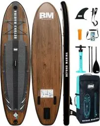 Produktbild: BEYOND MARINA Sup Board, Stand Up Paddling Board, Paddle Board, Aufblasbares Paddleboard Surfboard Wassersport, Sitz, 2-in-1 Paddel, Pumpe, Rucksack, Leash, 320 x81 x15CM, Holzmaserung