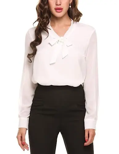 Produktbild: Beyove Damen Bluse Elegant V Ausschnitt Langarm Arbeit Oberteile Casual Tunika Schluppenshirt Einfarbig Lose Hemdbluse Weiß S