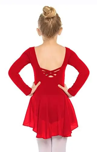 Produktbild: Beyove Mädchen Ballettkleidung Rückenfrei Ballettkleid Baumwolle Langarm Balletttrikot Ballettanzug Kinder Tanzkleid Tanzbody mit Rock Tütü Rot 120