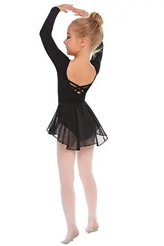 Produktbild: Beyove Mädchen Ballettkleidung Rückenfrei Ballettkleid Baumwolle Langarm Balletttrikot Ballettanzug Kinder Tanzkleid Tanzbody mit Rock Tütü Schwarz 120
