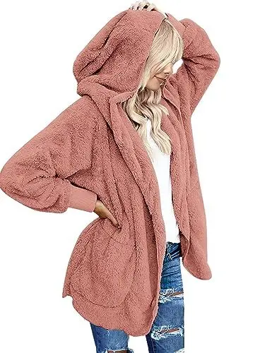 Produktbild: Beyove Teddy Jacke Damen Plüchjacke Frau Teddy Mantel Herbstjacke Fleecejacke Winter Strickjacke Warm Cardigan Kapuzenjacke mit Taschen Rosa XL