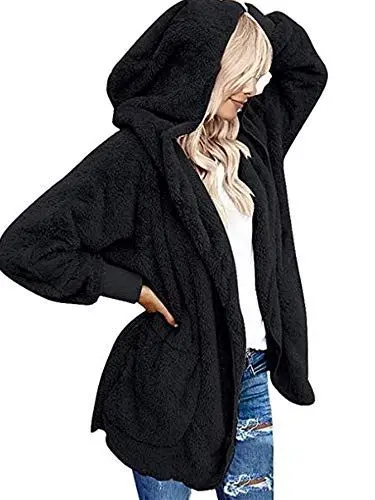Produktbild: Beyove Damen Teddy Jacke Plüschjacke Oversize Teddy Mantel Fleecejacke Herbstjacke Warm Hoodie Cardigan Kapuzenjacke mit Taschen Wintermantel Kurzmantel Schwarz L